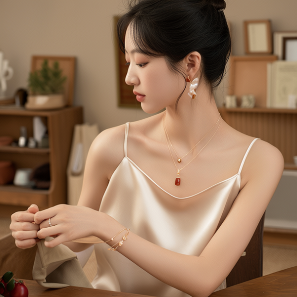 生活瞬间，美女，韩系美女，丝绸，美妆广告，家庭餐桌，4K超清，写实风格，温馨，柔和室内光，细腻皮肤，项链，耳环，手链。脱...